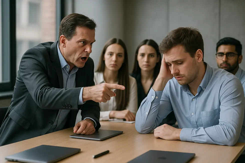 A manager publicly criticizing an employee in a meeting, highlighting the impact on team dynamics.
