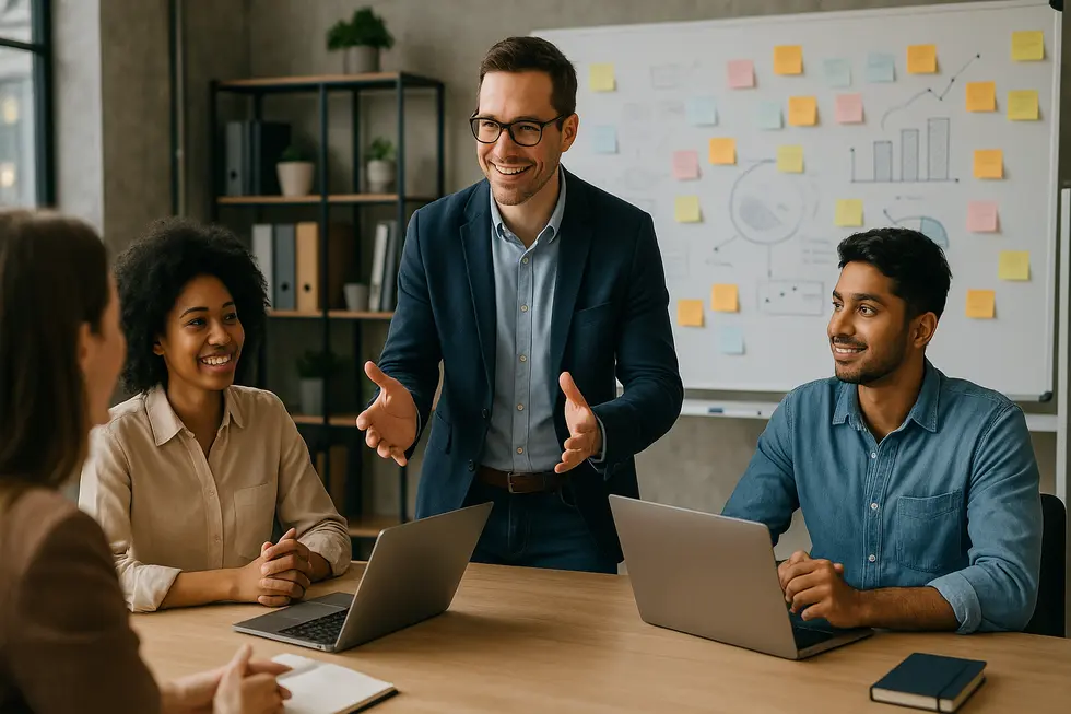 Manager engaging with team in a dynamic workspace during a coaching session.