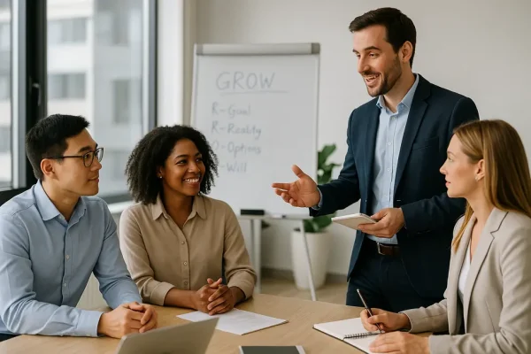 A diverse team engaged in a professional coaching session in an office environment.