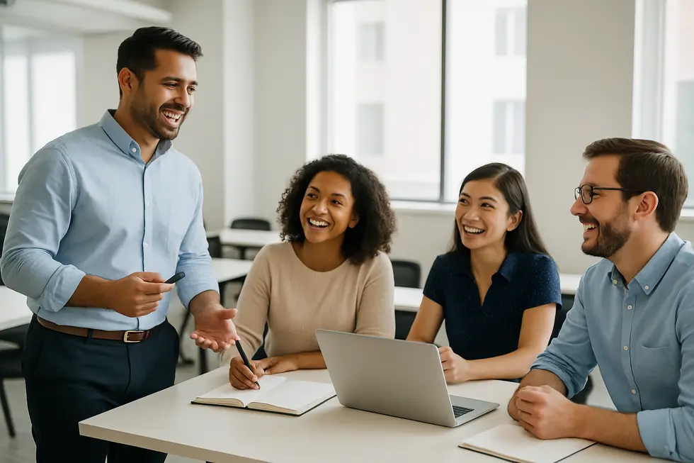 Professional group working together in a modern training setting.