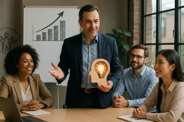An illustration depicting motivation, teamwork, and leadership via EQ in management.