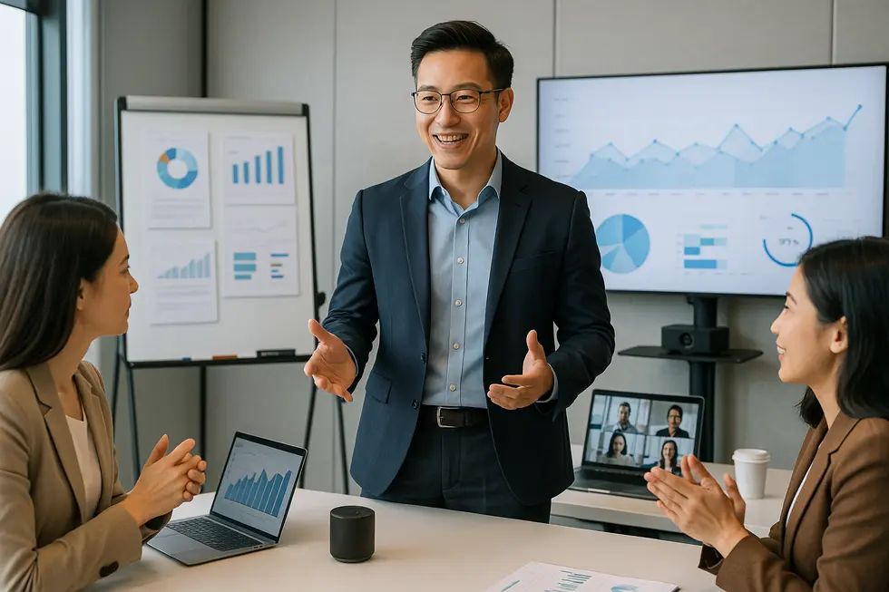 Một Trainer đứng trước nhóm học viên trong một phòng họp hiện đại, với các công cụ công nghệ cao.