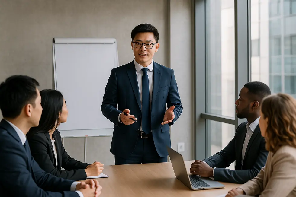 Quản lý tổ chức buổi đào tạo trong phòng họp hiện đại với nhân viên chăm chú.