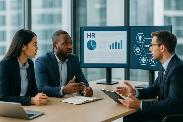 HR team in a modern office using digital tools for strategic development.