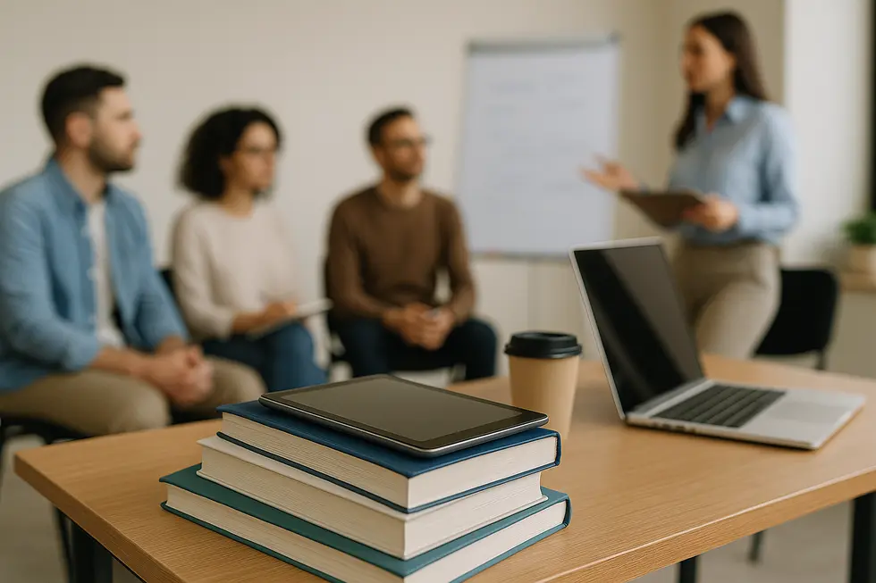 Books, digital tools, and group meetings symbolizing continual professional development for internal trainers.