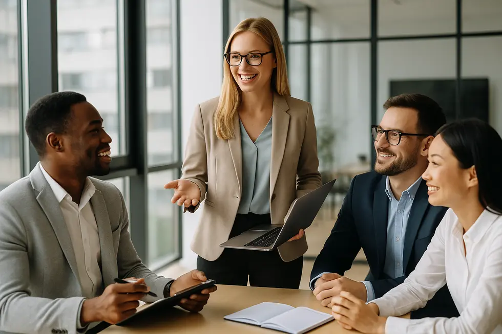 Trainers working together in a corporate environment, representing the success of internal training.