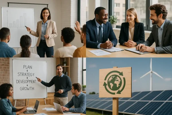 Hình ảnh tổng hợp về các bối cảnh giáo dục và doanh nghiệp tượng trưng cho phát triển bền vững.