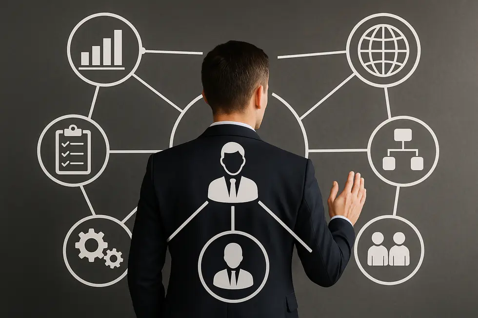 Manager coordinating interconnected business systems, depicting systemic thinking.