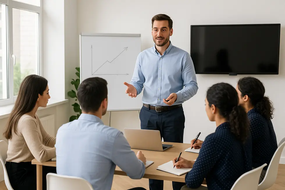 Giảng viên đang hướng dẫn và học viên chăm chú lắng nghe trong một buổi đào tạo nội bộ.