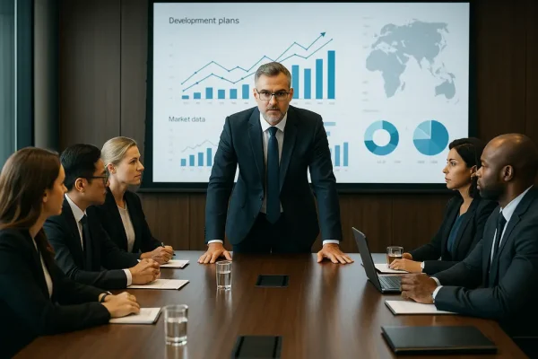 CEO trình bày chiến lược trước đội ngũ lãnh đạo với màn hình lớn hiển thị dữ liệu.