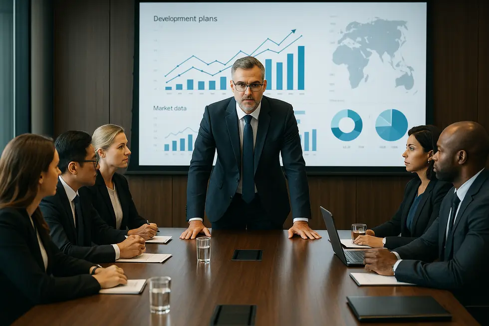 CEO trình bày chiến lược trước đội ngũ lãnh đạo với màn hình lớn hiển thị dữ liệu.