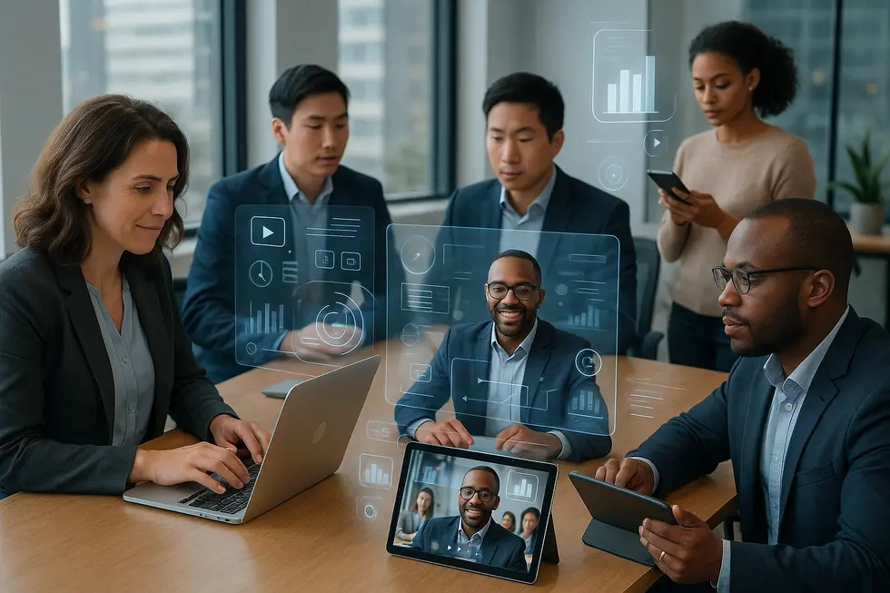 Corporate teams engaged in online training using modern digital tools and devices.