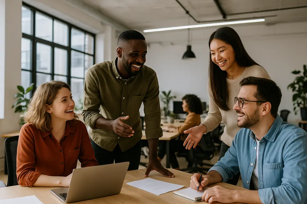 Employees in a vibrant office engaged in collaboration and discussions.