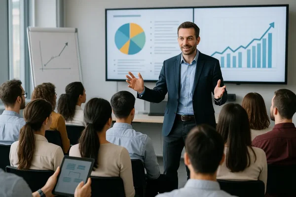 Giảng viên đang hướng dẫn lớp học kỹ năng mềm với các công cụ hiện đại.