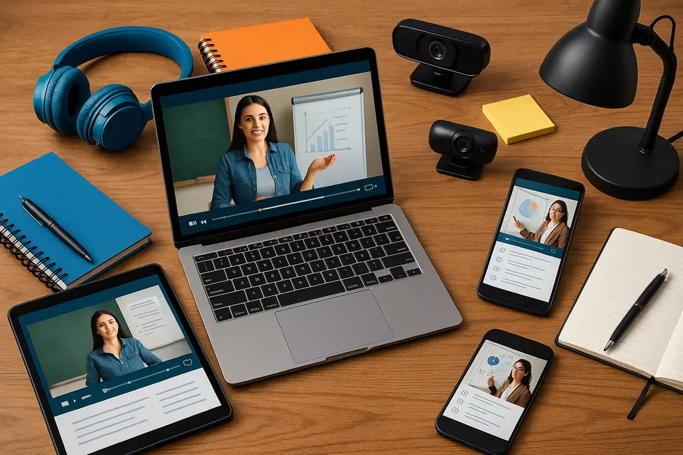 A collage of online training tools and devices illustrating modern online learning.