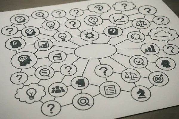 A detailed mind map depicting interconnected concepts of critical thinking and problem-solving.