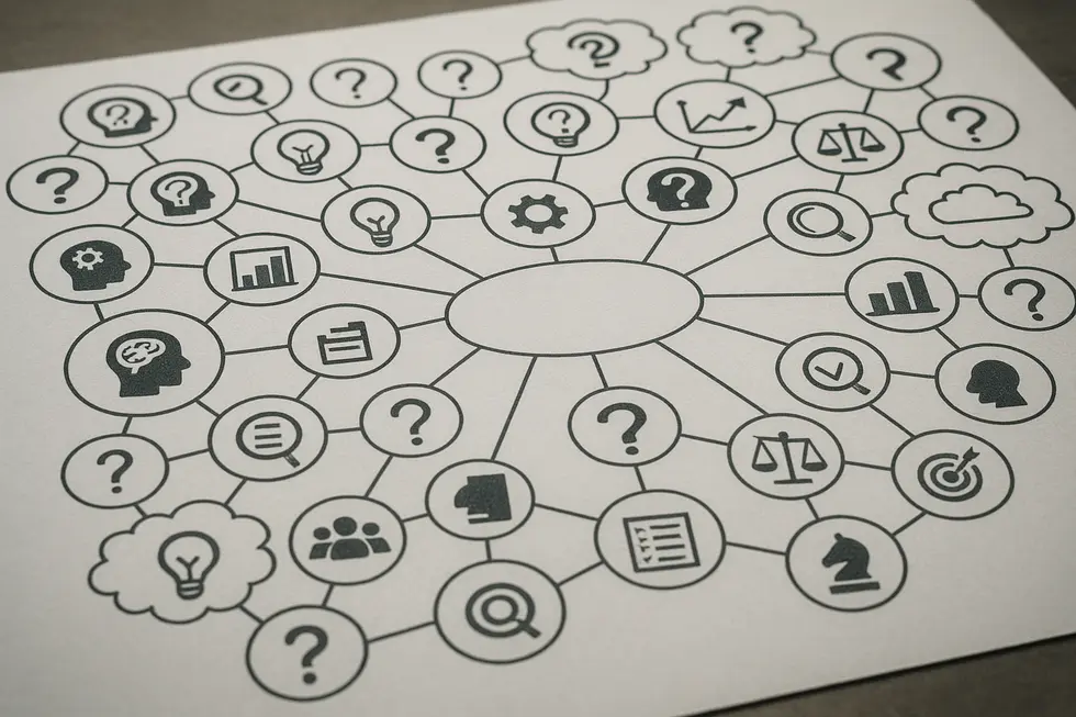 A detailed mind map depicting interconnected concepts of critical thinking and problem-solving.