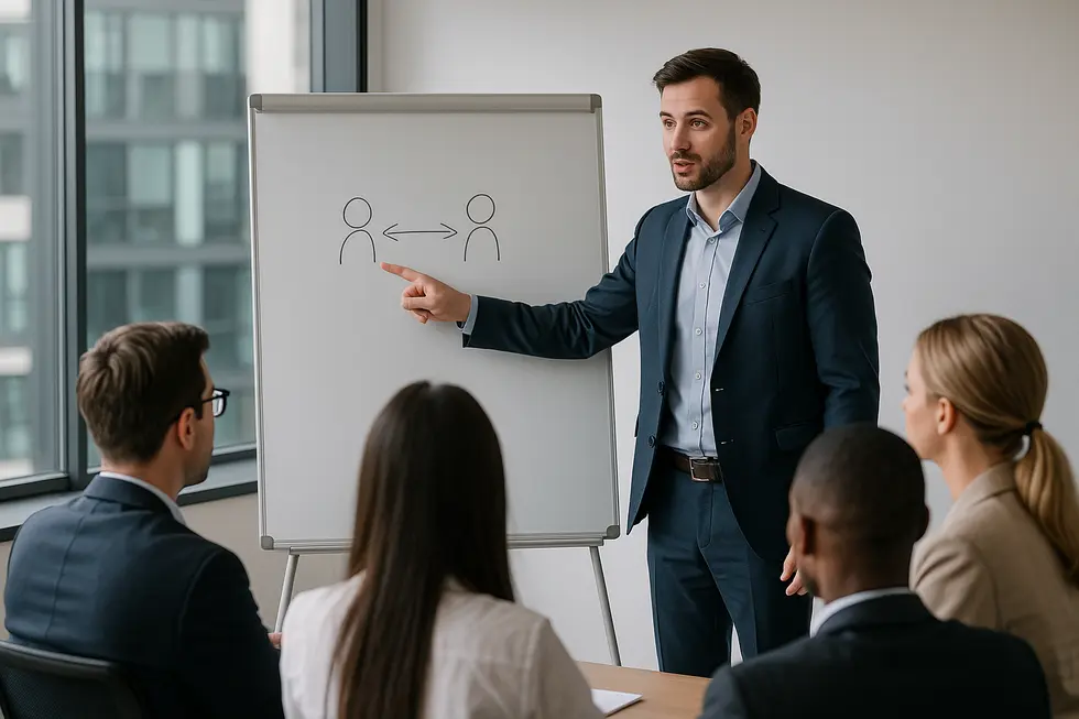 Business professionals engaged in a negotiation meeting.