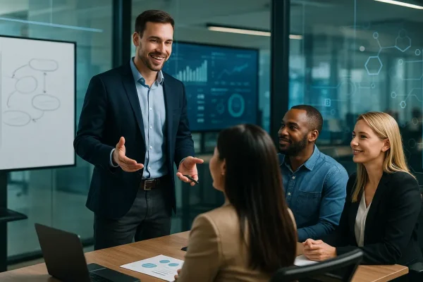 Coach guiding leaders in a digitally advanced setting.