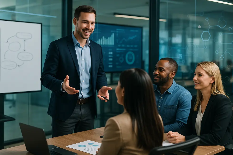 Coach guiding leaders in a digitally advanced setting.