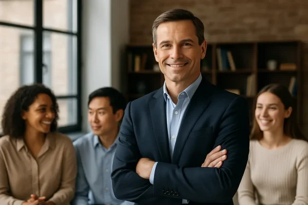 An image showing a confident manager leading a harmonious, diverse team in effective conflict resolution.