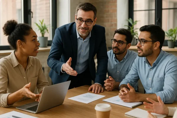 Người quản lý hỗ trợ nhân viên trong cuộc họp tại công ty, thể hiện môi trường hợp tác.