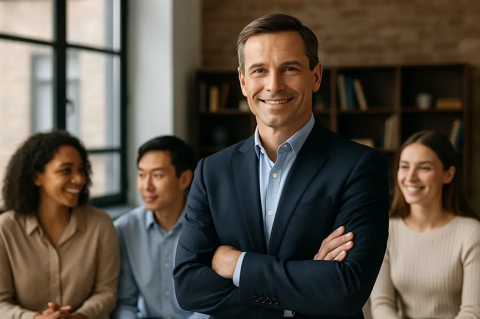 An image showing a confident manager leading a harmonious, diverse team in effective conflict resolution.