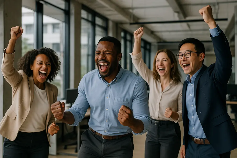 A diverse team celebrating success in a modern office.