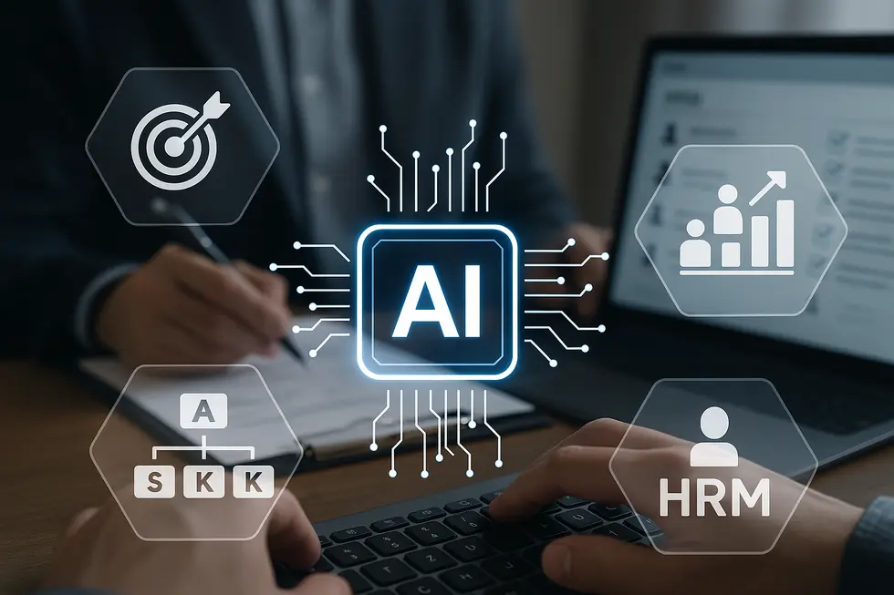 Biểu tượng AI trung tâm với các yếu tố KPI/OKR, ASK, và HRM xung quanh.