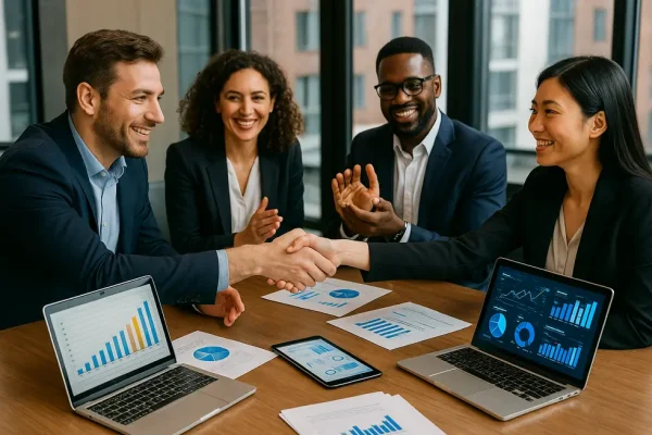 Professional team in negotiation with digital tools aiding the process, representing enhanced negotiation skills.