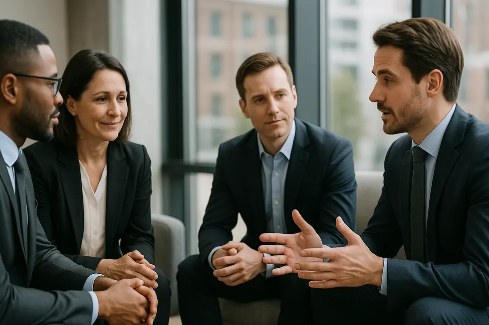 Leaders demonstrating effective communication with positive body language in an office setting.