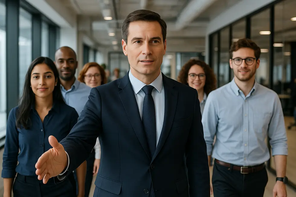 A leader guiding a diverse team in a modern office atmosphere.