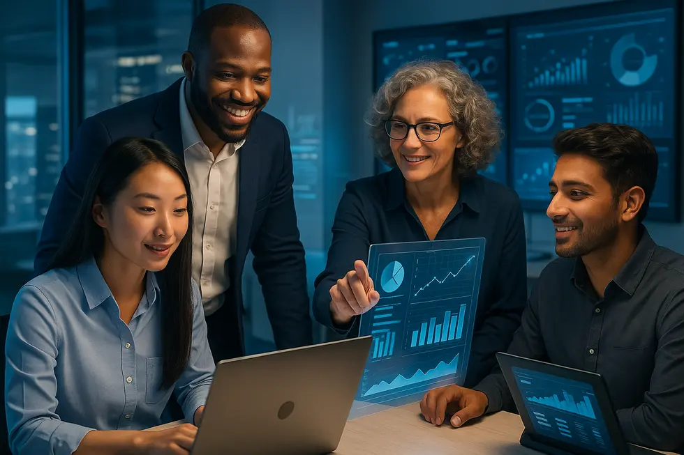 Diverse professionals in a futuristic office using advanced L&D technologies.