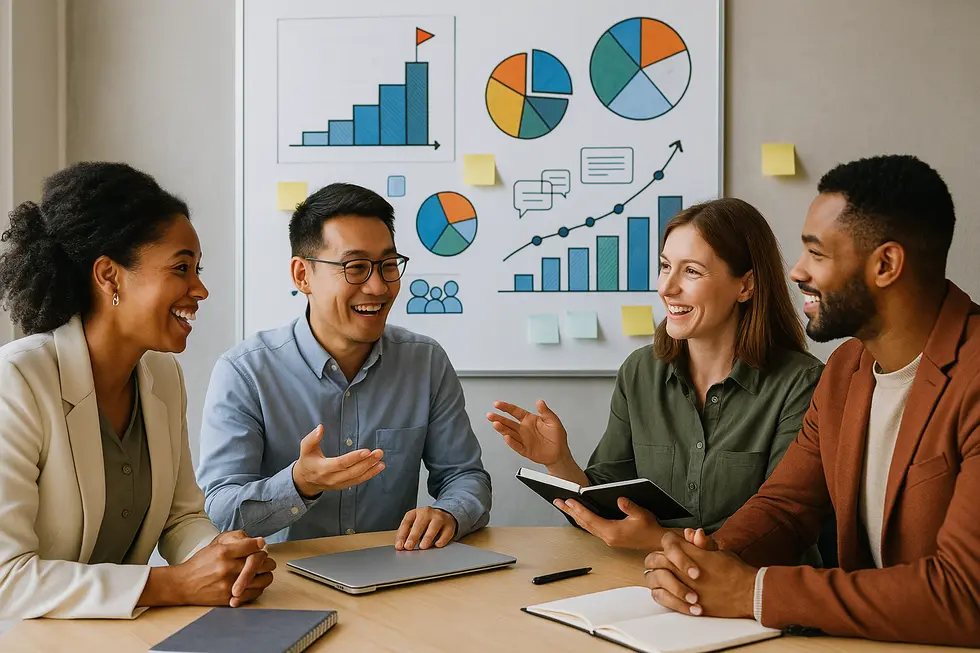 A group of diverse professionals discussing career development in a strategic HR setting.