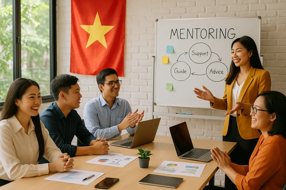 Lãnh đạo doanh nghiệp đang hướng dẫn nhóm lãnh đạo trẻ để phát triển thế hệ kế thừa xuất sắc.