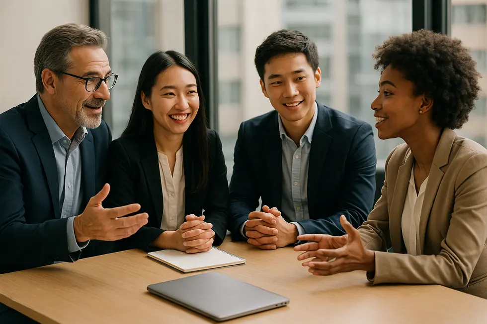 Cảnh họp với mentor và mentee đang trao đổi ý tưởng trong môi trường linh hoạt và ủng hộ.