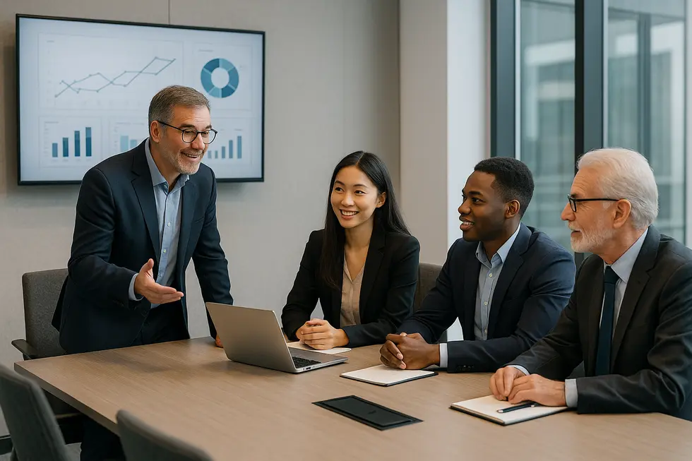 A professional mentoring session with diverse participants across generations in a modern setting.