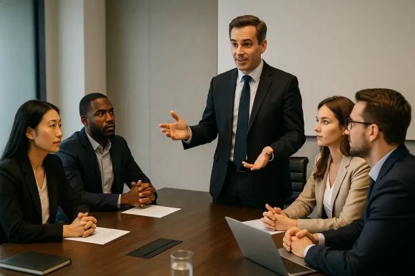 A dynamic scene of business professionals engaging in an interactive negotiation workshop in a modern office setting.