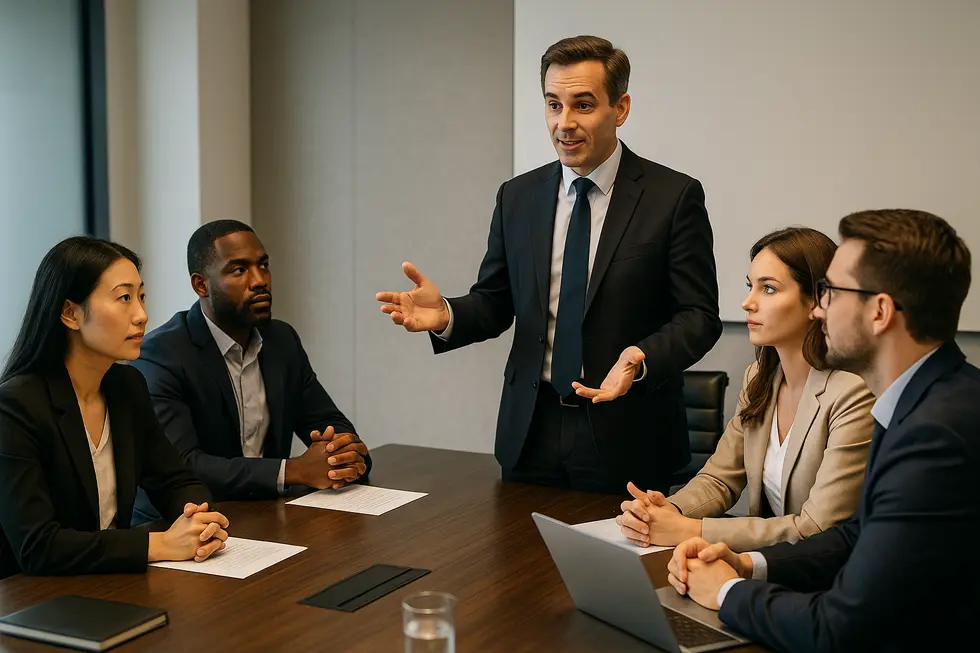 A dynamic scene of business professionals engaging in an interactive negotiation workshop in a modern office setting.