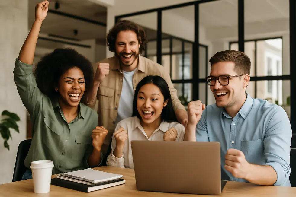 A diverse team in a modern office celebrating success, symbolizing effective team collaboration and efficiency.