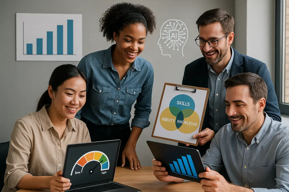 Image showing professionals engaging with digital assessment tools featuring ASK model, KPI, and AI.