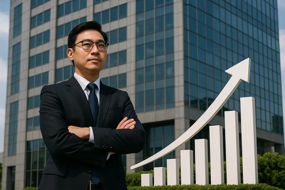 Hình ảnh của một doanh nhân trước tòa nhà văn phòng, biểu trưng cho phát triển kỹ năng lãnh đạo.