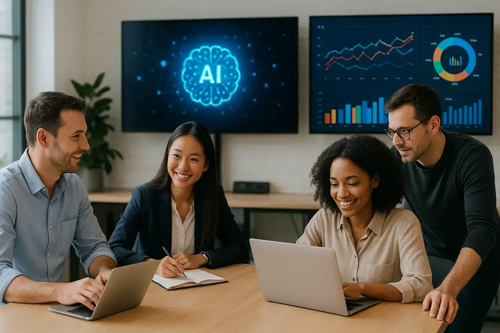 An office with engaged employees and digital screens showing AI and performance metrics.