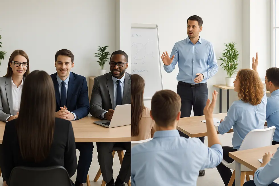 Mô hình GROW trong cuộc họp giữa quản lý và nhân viên trong không gian mở.