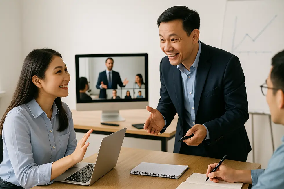 Học viên và giảng viên tương tác trong lớp học có sự kết hợp giữa trực tuyến và trực tiếp.