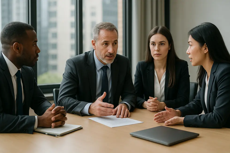 Business professionals engaged in a negotiation meeting.