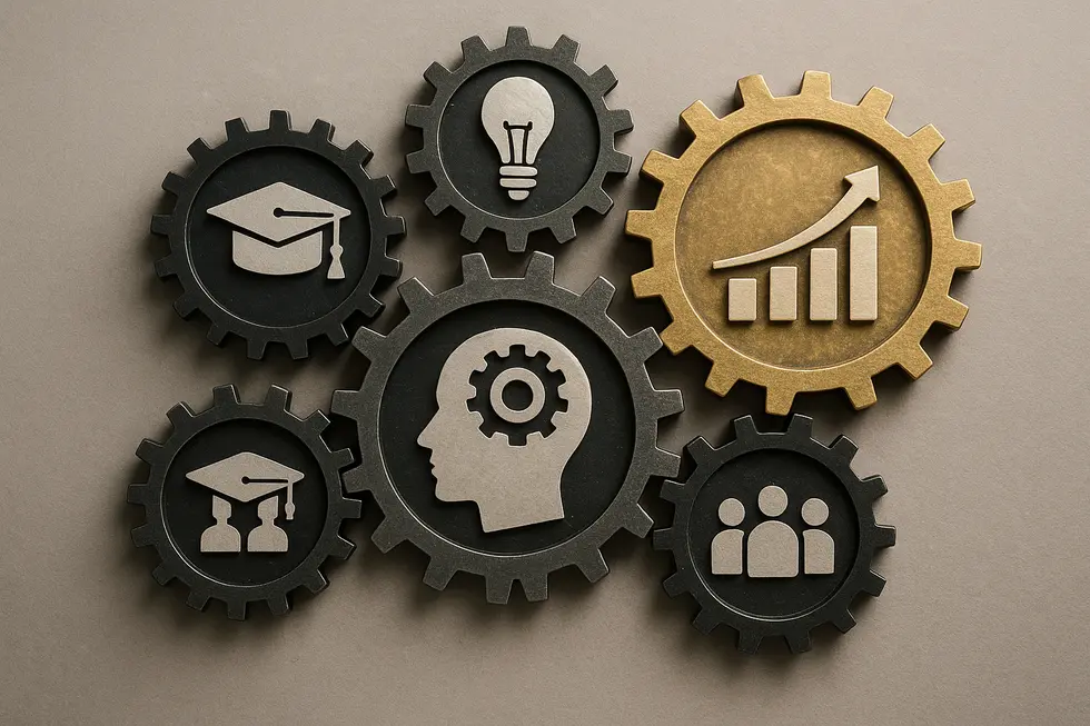 Stylized cogs and wheels symbolizing corporate learning and growth.