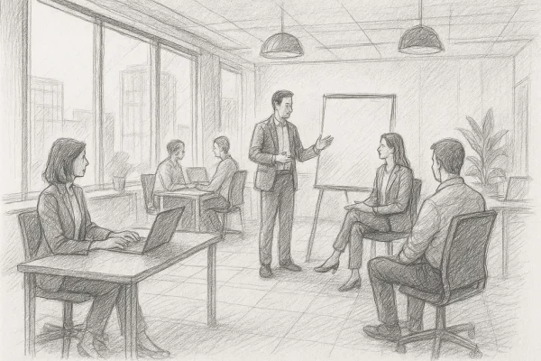 Employees and leaders in a modern office setting participating in a coaching session.