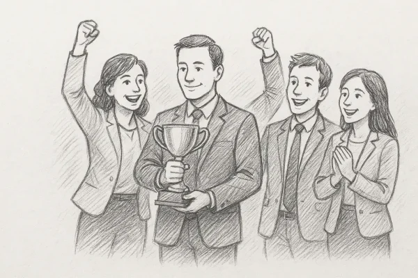 Employees celebrating their achievements with an award, representing effective coaching.