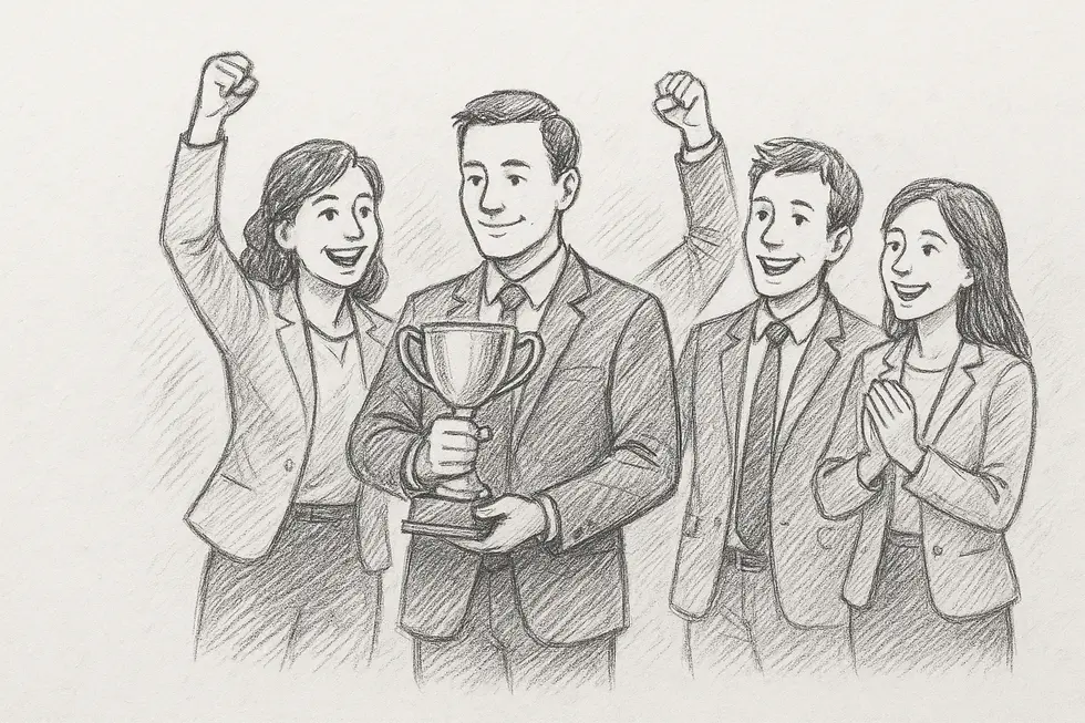 Employees celebrating their achievements with an award, representing effective coaching.